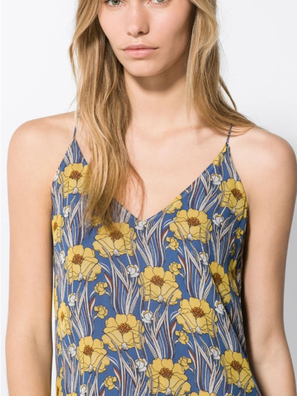 NWOT Massimo Dutti Blue Silk Floral Cami Top with Yellow Print